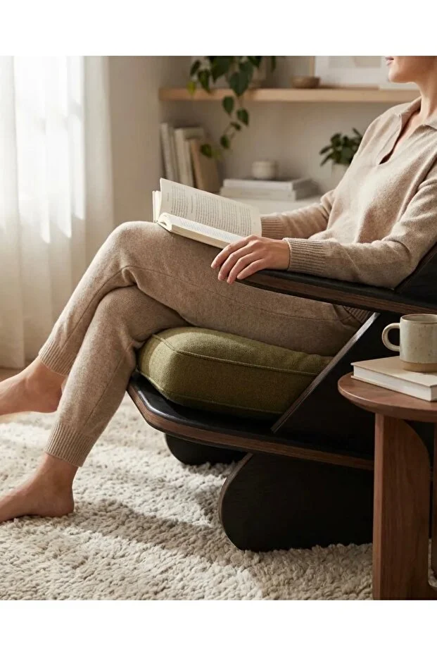 Berjer Tekli Ahşap Siyah Berjer Yeşil Keten Kumaş